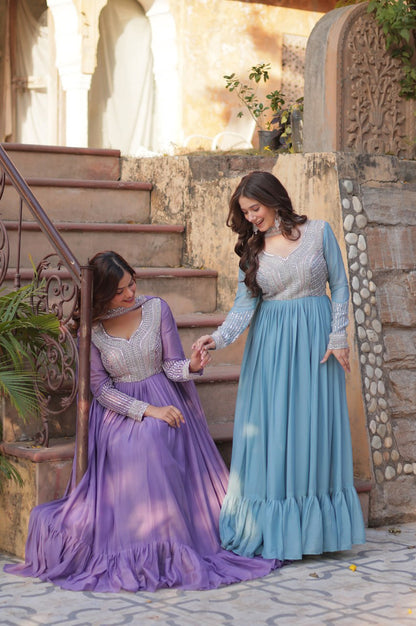 Elegant Star Georgette Gown with Beads + Dupatta | Sky Blue & Purple