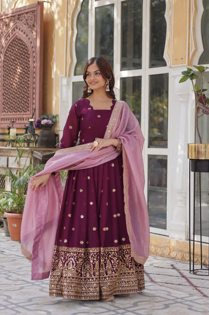 Star Georgette Gown with Dupatta | Maroon | Embroidered Edition
