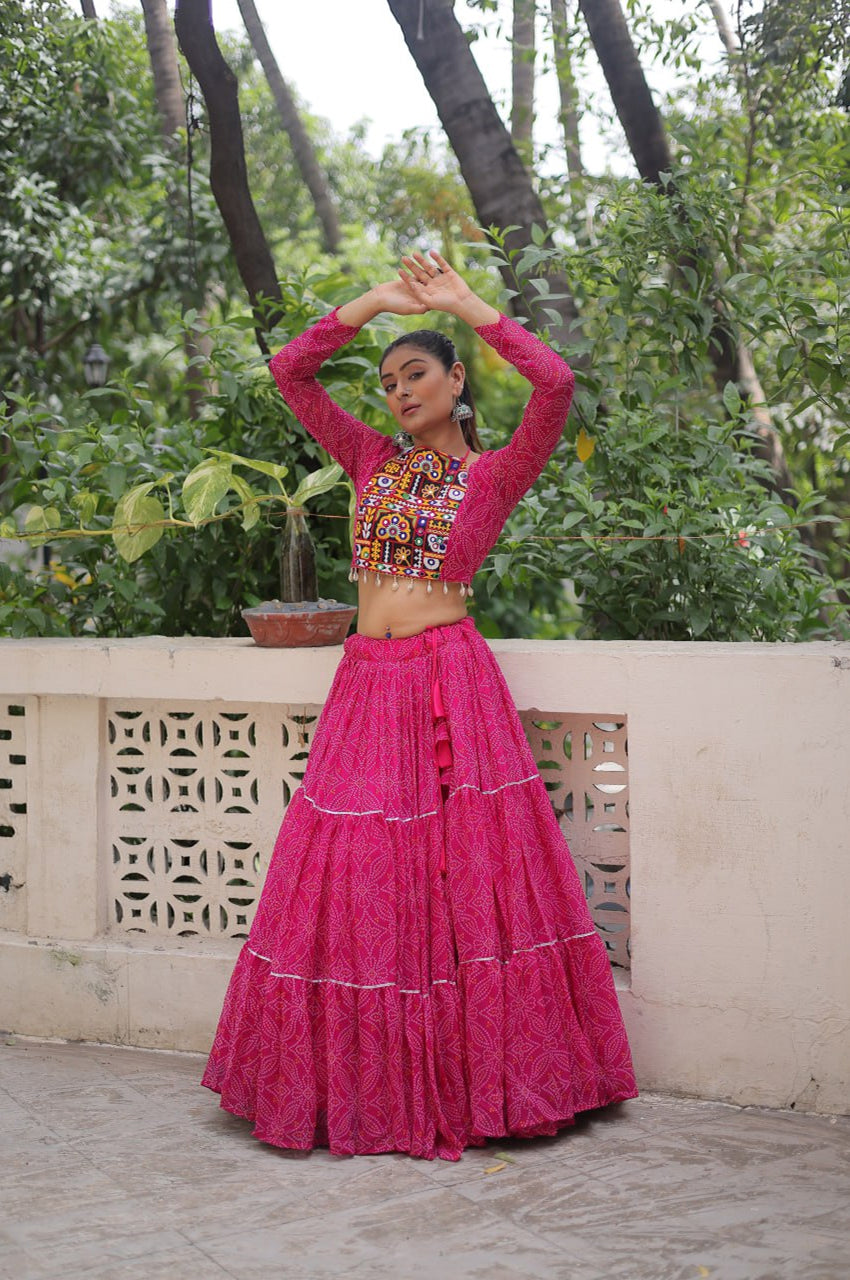Bandhej Print Navratri Lehenga Choli with Gamthi Embroidery & Gotta Patti Lace – 12 Meter Flair (Fully Stitched)