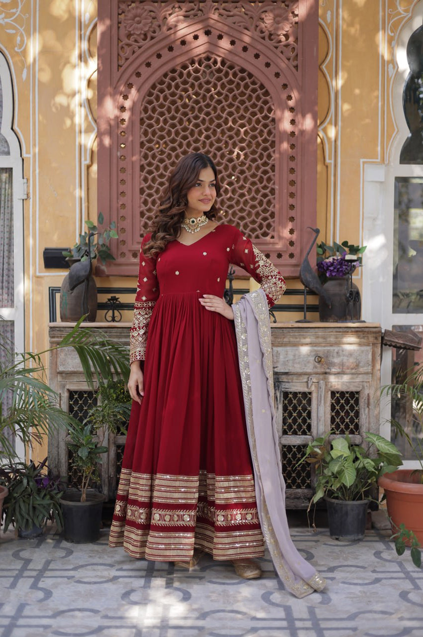 Maroon Designer Gown Set with Zari Sequin Embroidery & Faux Dupatta