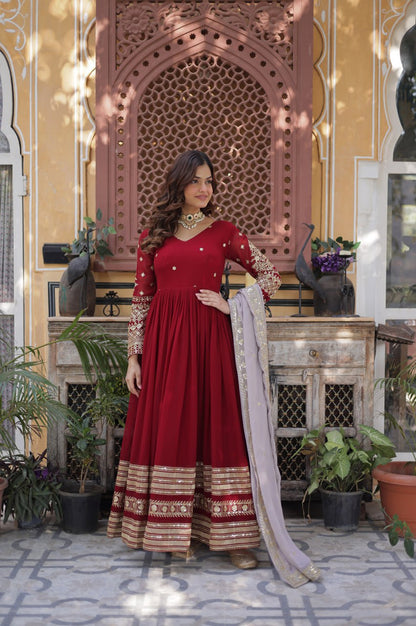 Maroon Designer Gown Set with Zari Sequin Embroidery & Faux Dupatta