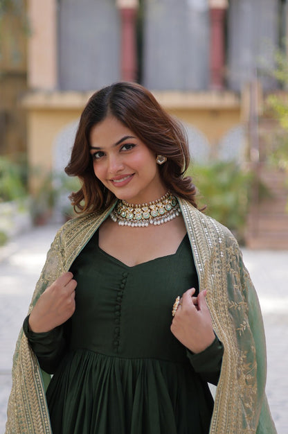 Rani Pink & Green Vichitra Gown with Dupatta – Festive Flair Edition