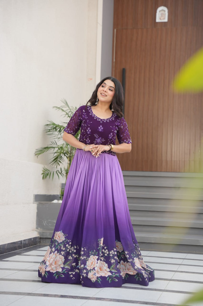 Designer Blue & Purple Gown with Embroidery & Floral Digital Print