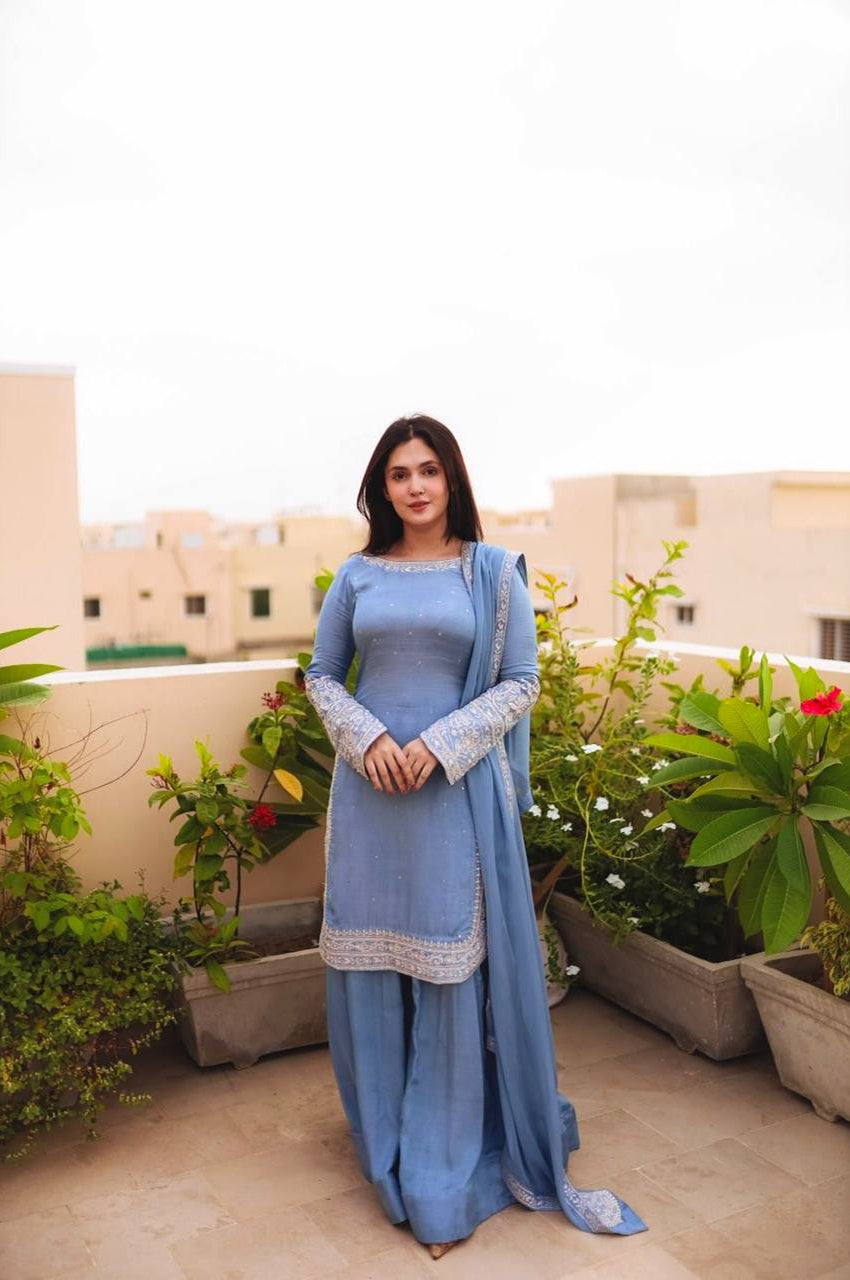 Faux Georgette Designer Sharara Suit with 5mm Sequins Embroidery – Fully Stitched Top, Sharara & Dupatta Set