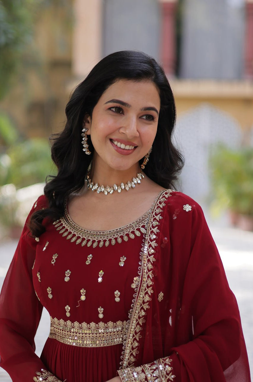 Maroon & Purple Faux Embroidered Gown with Dupatta – Regal Edition