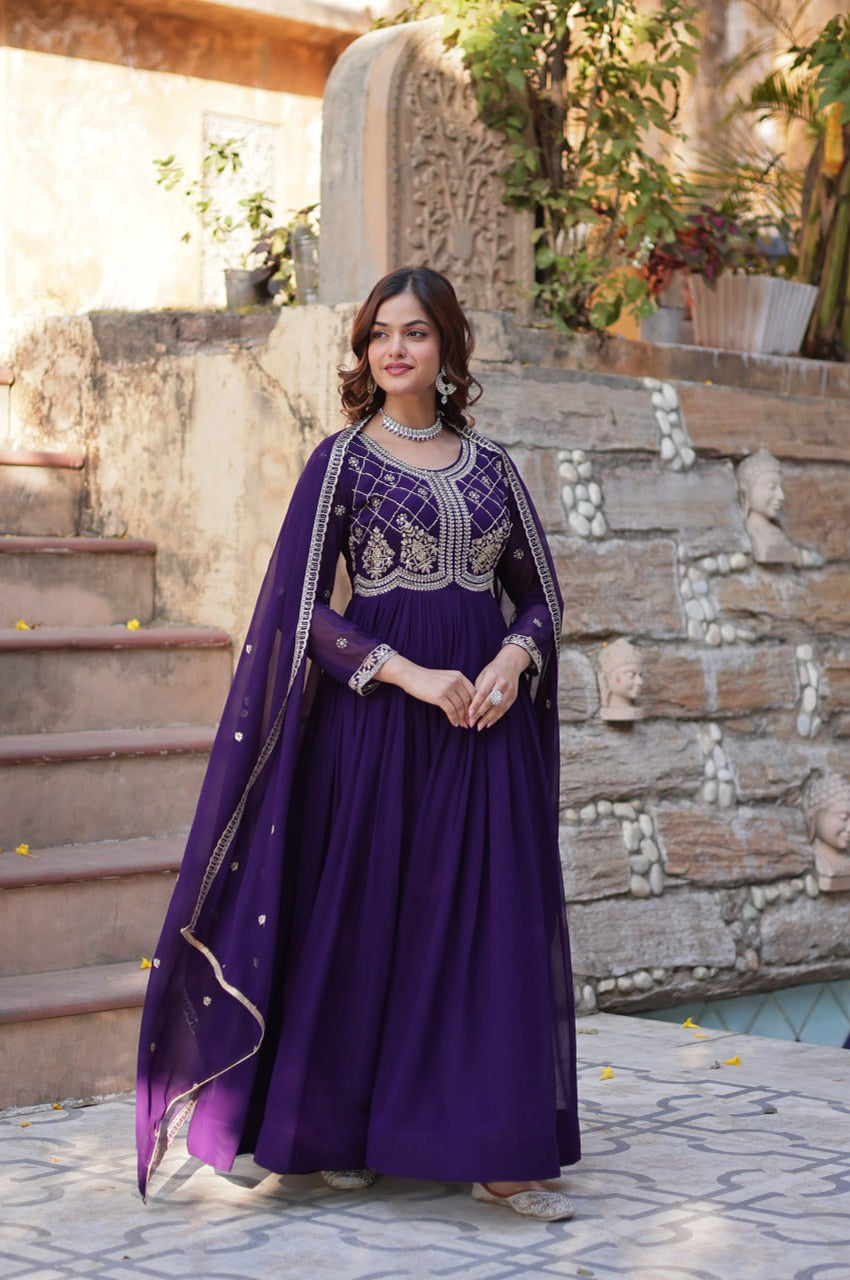 Premium Faux Blooming Embroidered Gown with Dupatta (Maroon & Purple)