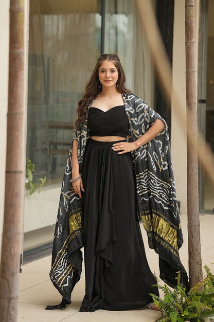 Black Indo-Western Drape Skirt Set with Embroidered Blouse & Shrug