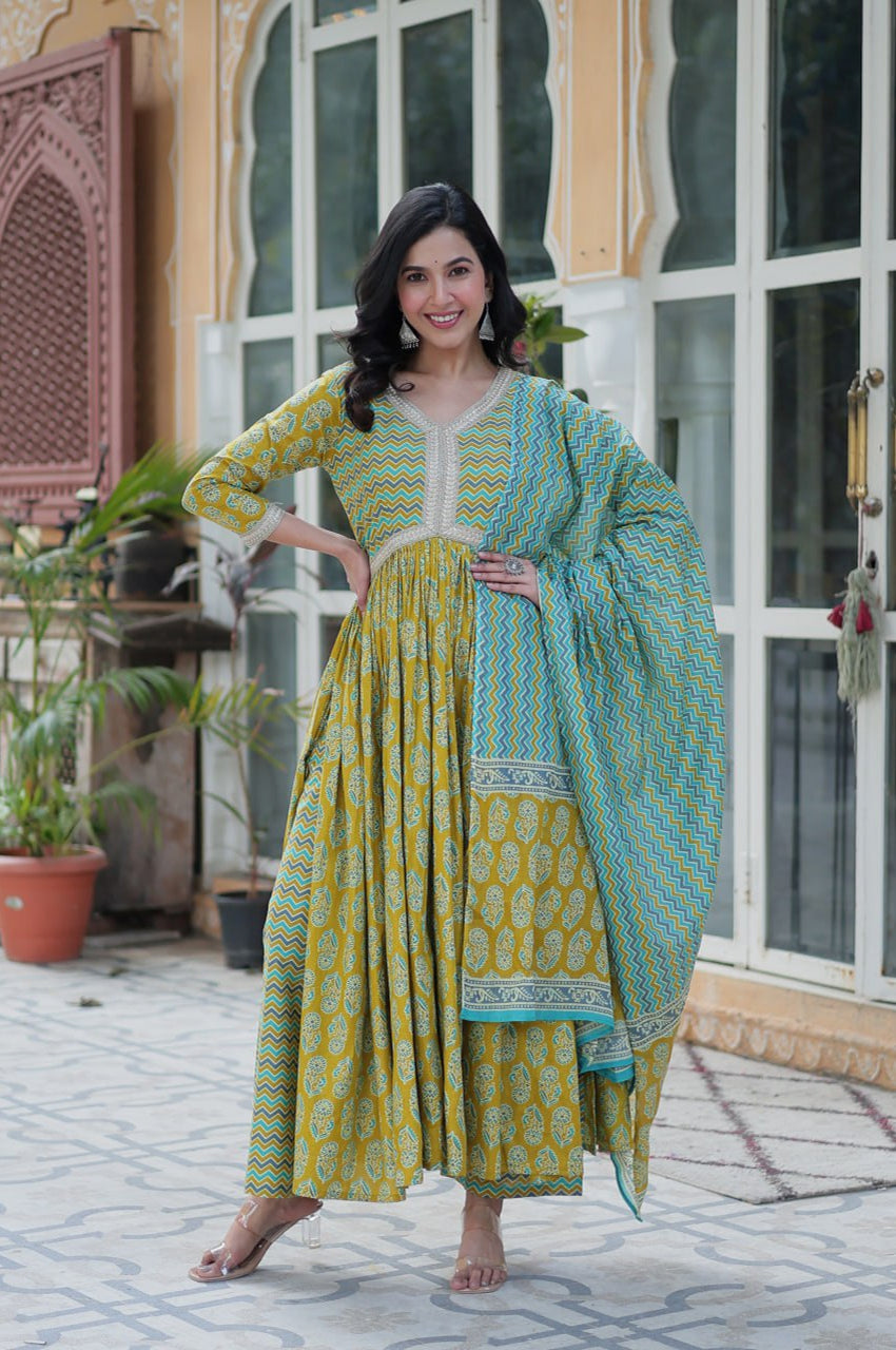 Pure Cotton Kurti Pant Dupatta Set | Coffee & Green | Ethnic Luxe