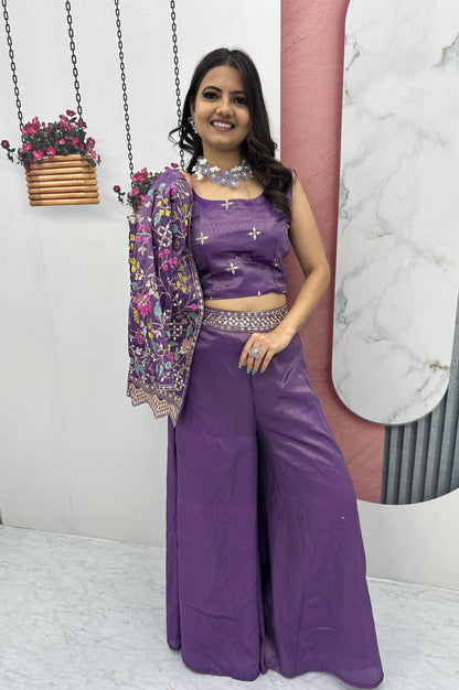 Violet Red & Violet Choli with Embroidered Shrug & Plazzo