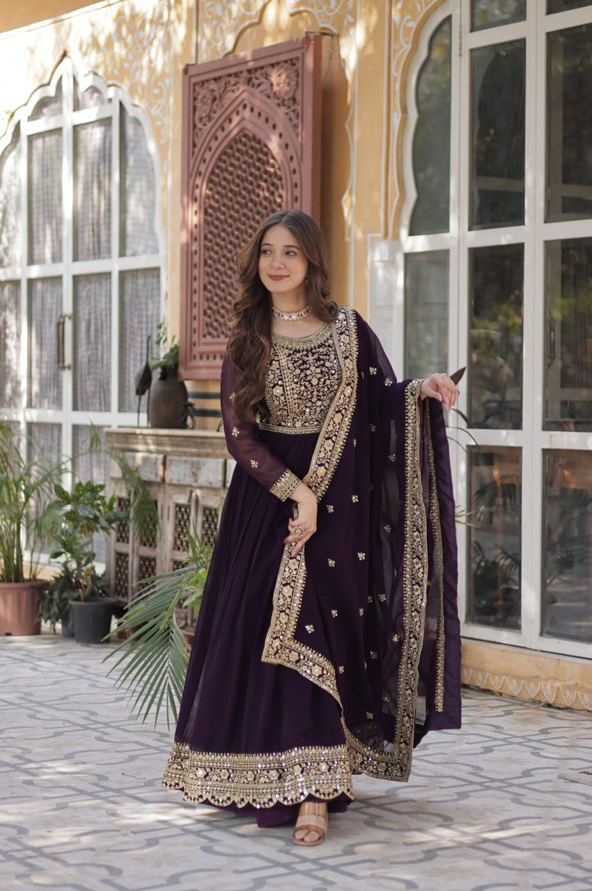 Faux Embroidered Gown Set | Rama & Purple | Premium Festive Wear