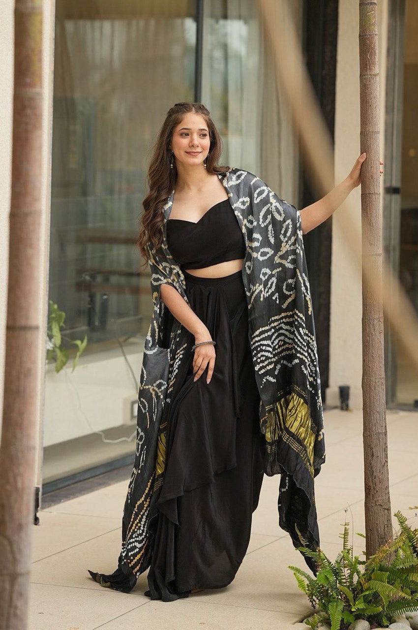 Black Indo-Western Drape Skirt Set with Embroidered Blouse & Shrug