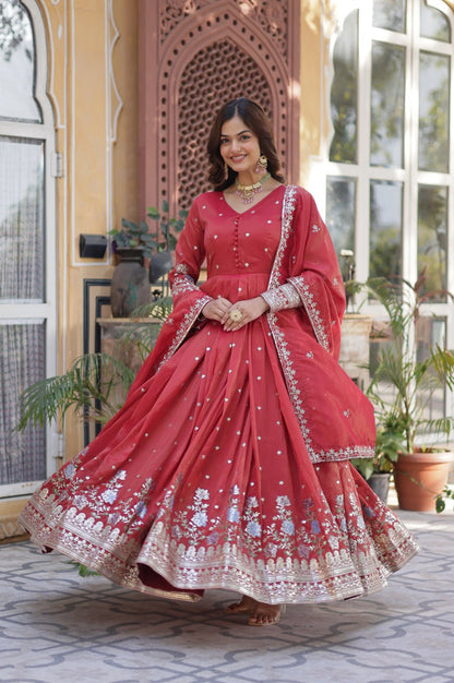 Viscose Cosmos Embroidered Gown Set | Red  | Elegant Festive Wear