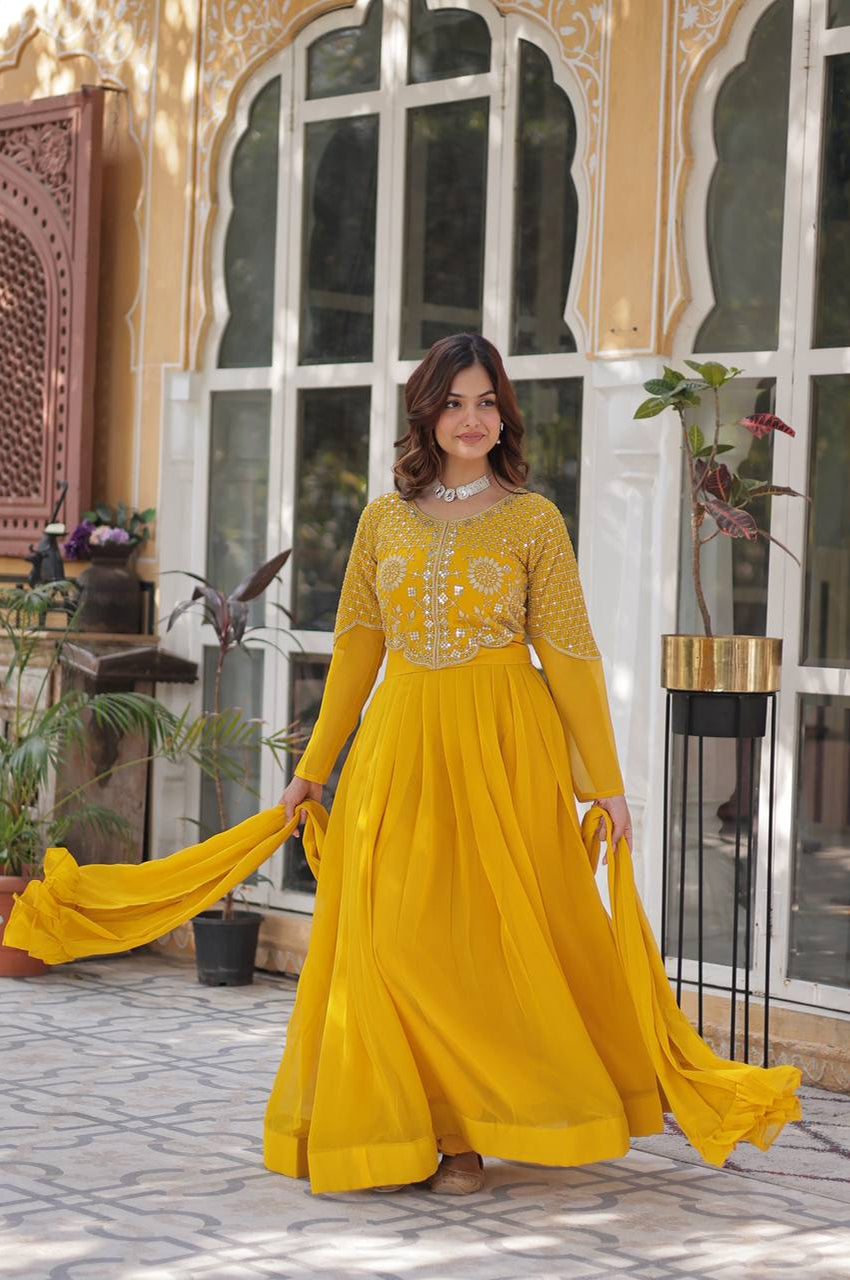 Yellow & Red Faux Blooming Designer Gown with Dupatta