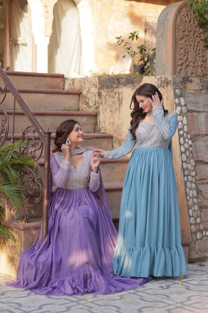 Elegant Star Georgette Gown with Beads + Dupatta | Sky Blue & Purple