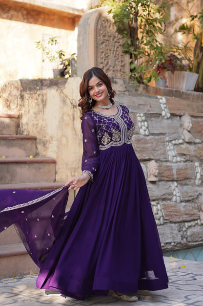Premium Faux Blooming Embroidered Gown with Dupatta (Maroon & Purple)