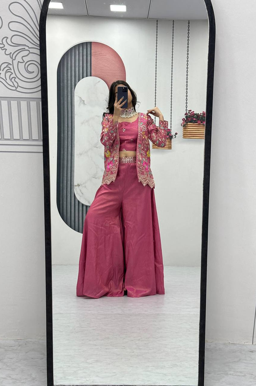 Violet Red & Violet Choli with Embroidered Shrug & Plazzo