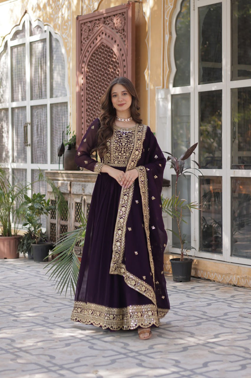 Faux Embroidered Gown Set | Rama & Purple | Premium Festive Wear