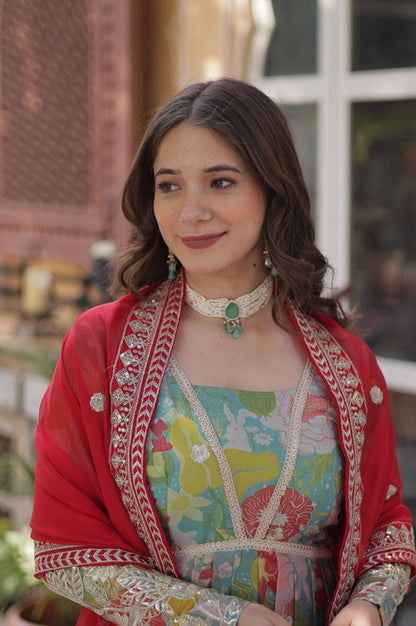 Elegant Alia Cut Russian Silk Gown with Dupatta (Orange & Green)