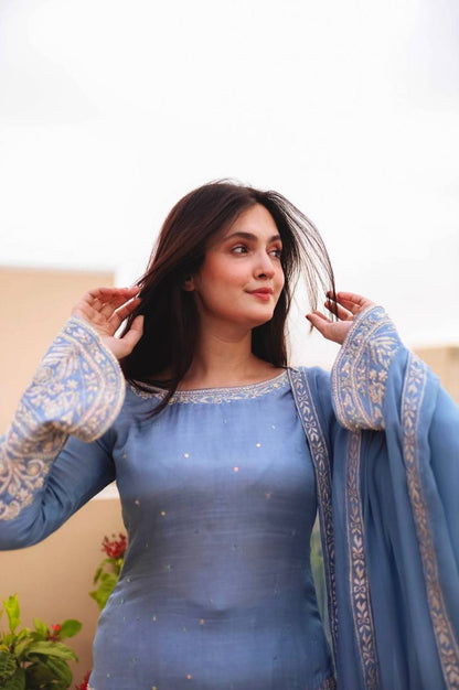 Faux Georgette Designer Sharara Suit with 5mm Sequins Embroidery – Fully Stitched Top, Sharara & Dupatta Set