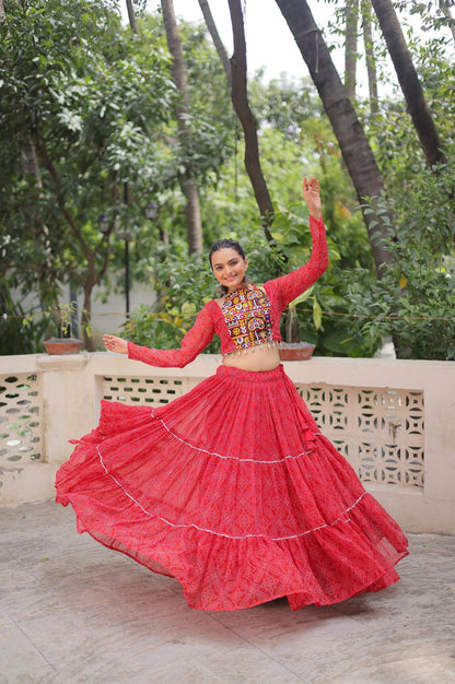 Bandhej Print Navratri Lehenga Choli with Gamthi Embroidery & Gotta Patti Lace – 12 Meter Flair (Fully Stitched)