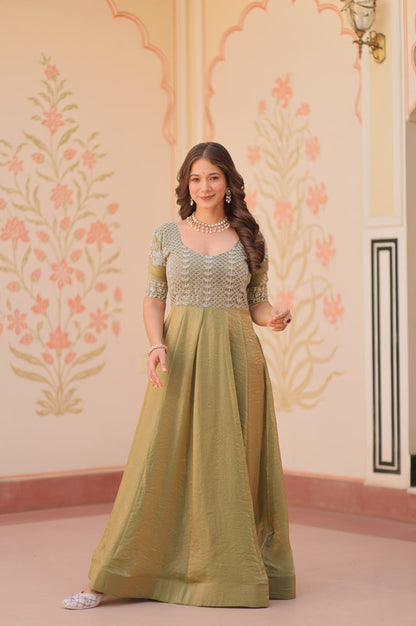 Blue & Green Beads Embroidered Fendy Gown