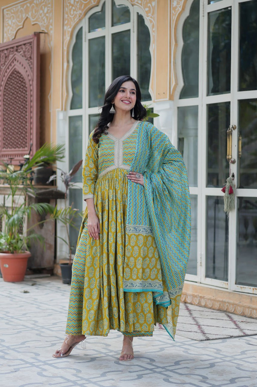 Pure Cotton Kurti Pant Dupatta Set | Coffee & Green | Ethnic Luxe