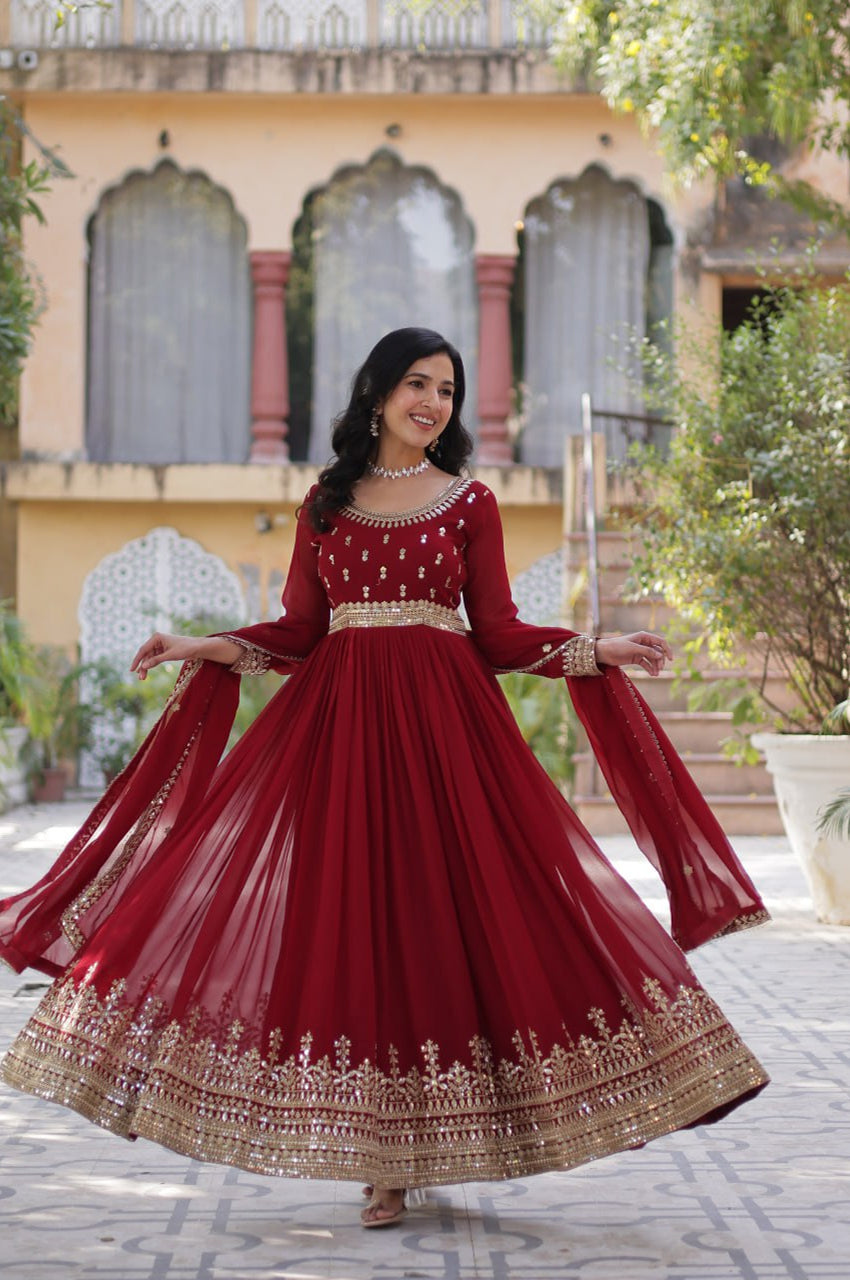 Maroon & Purple Faux Embroidered Gown with Dupatta – Regal Edition