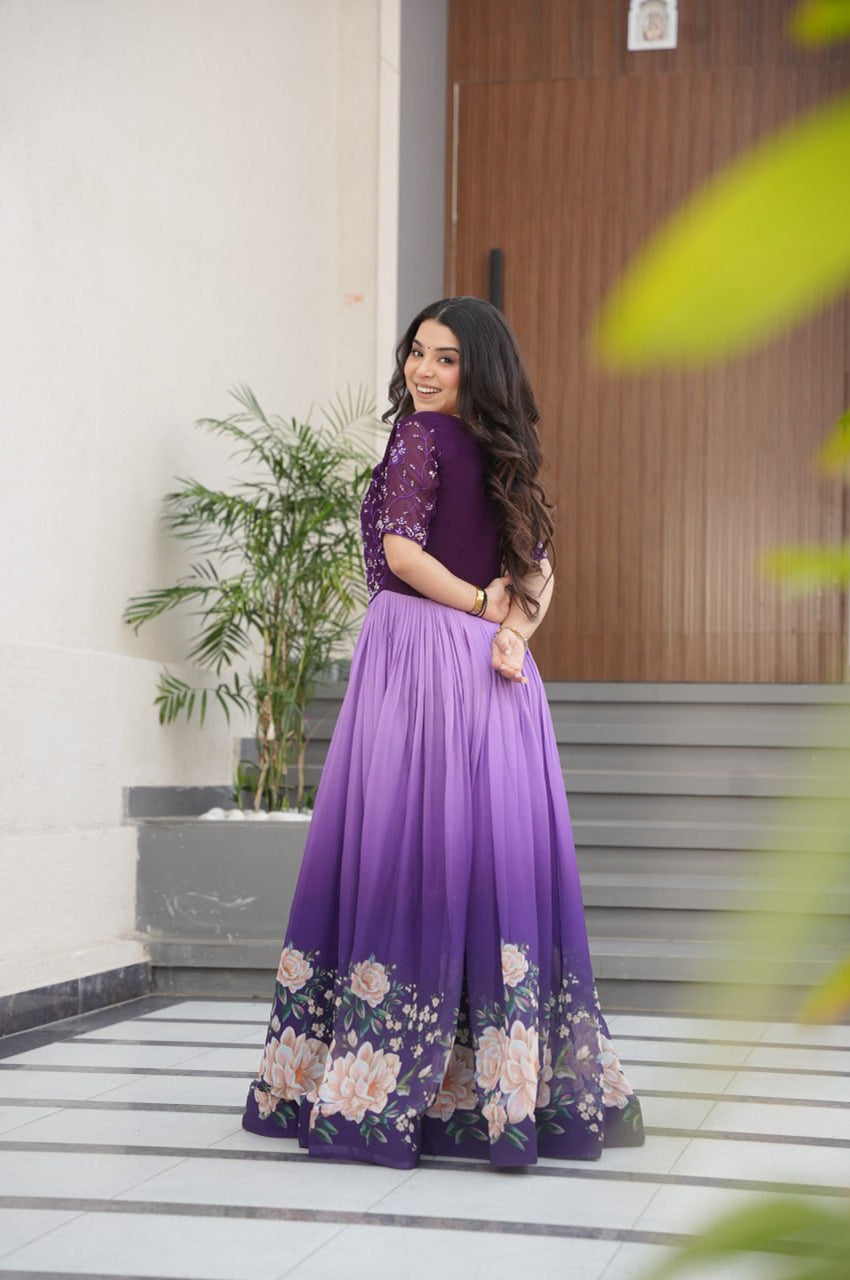 Designer Blue & Purple Gown with Embroidery & Floral Digital Print