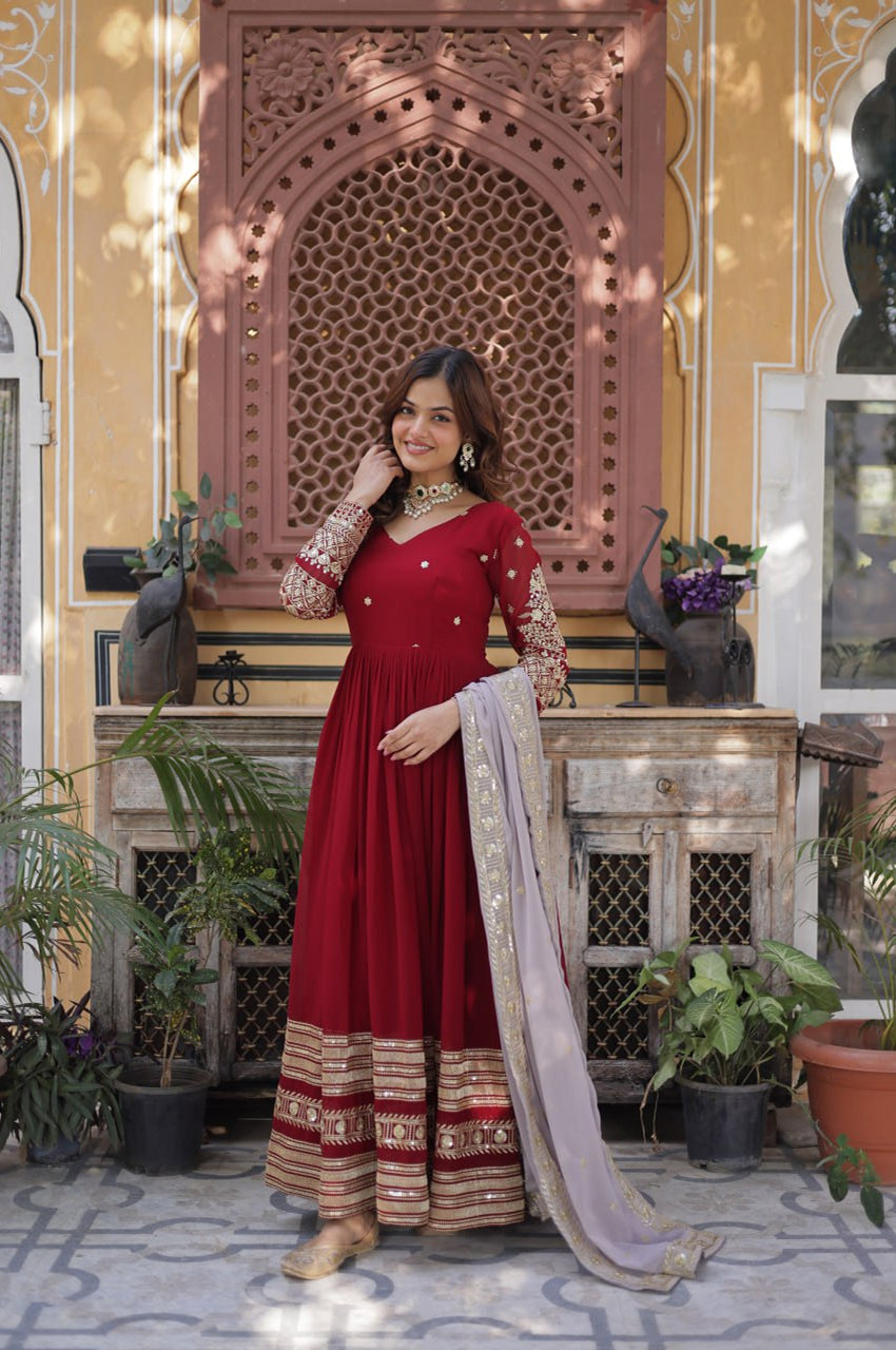 Maroon Designer Gown Set with Zari Sequin Embroidery & Faux Dupatta