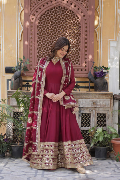 Black & Maroon Star  Gown with Dupatta – Ready-to-Wear Collection