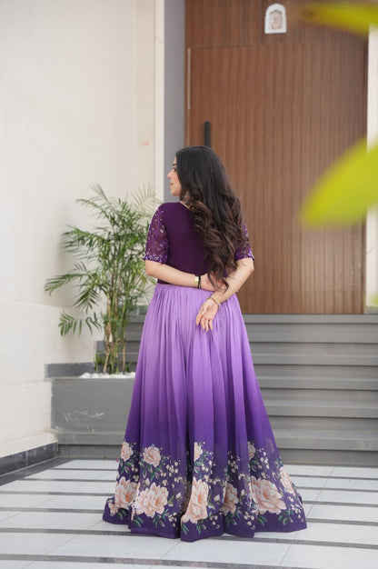Designer Blue & Purple Gown with Embroidery & Floral Digital Print