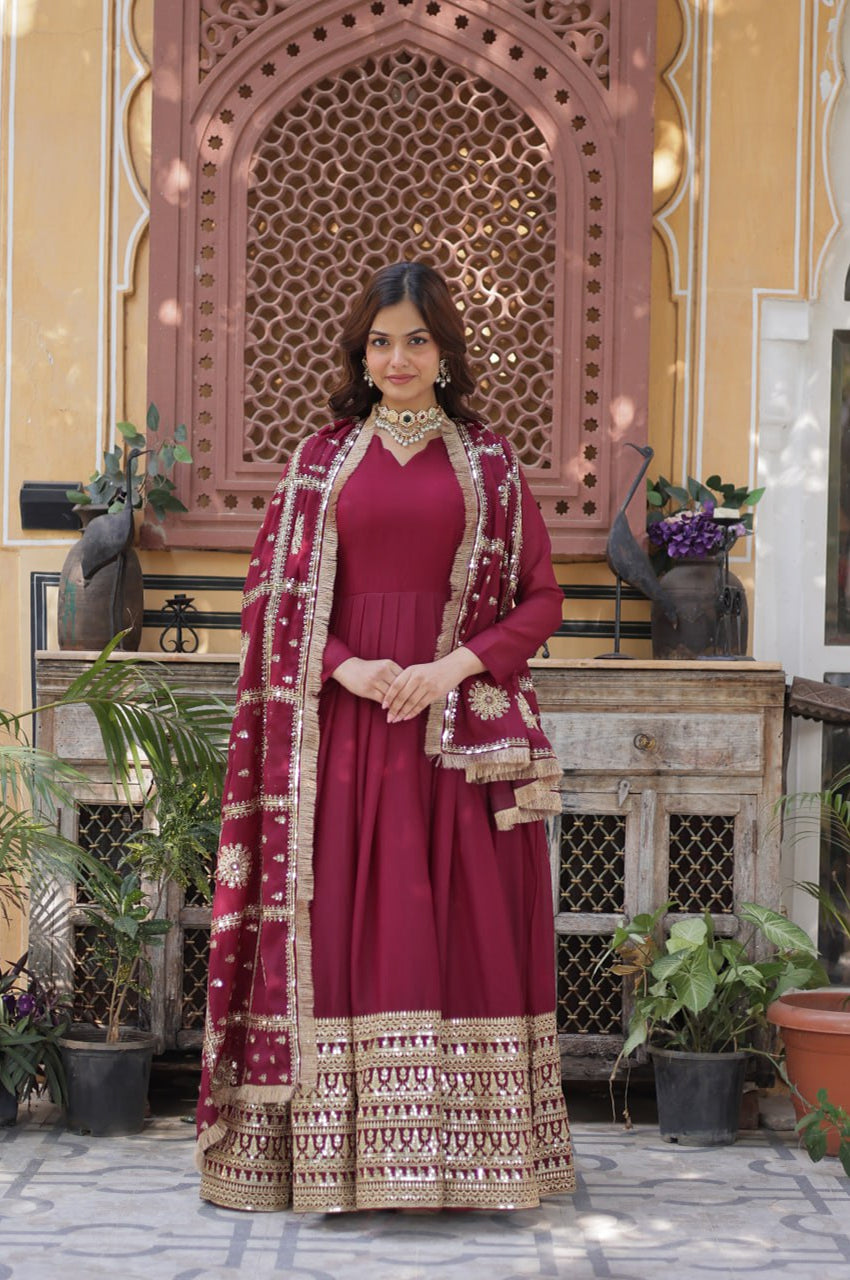 Black & Maroon Star  Gown with Dupatta – Ready-to-Wear Collection