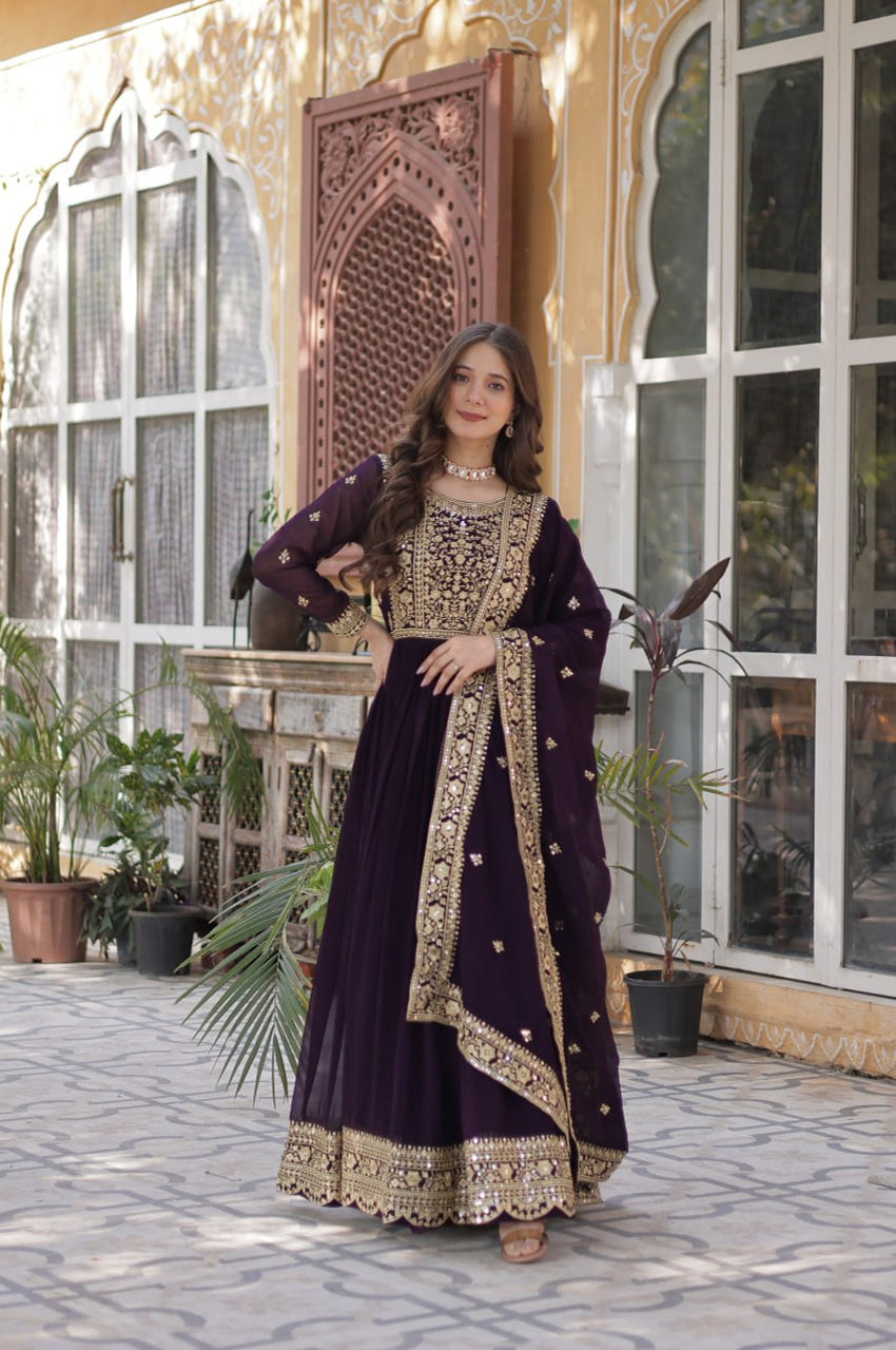 Faux Embroidered Gown Set | Rama & Purple | Premium Festive Wear