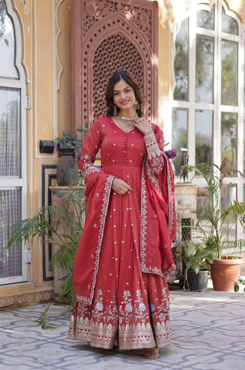 Viscose Cosmos Embroidered Gown Set | Red  | Elegant Festive Wear