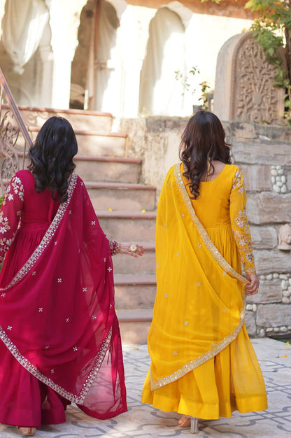 Yellow & Red Designer Gown Set with Zari Sequin Work