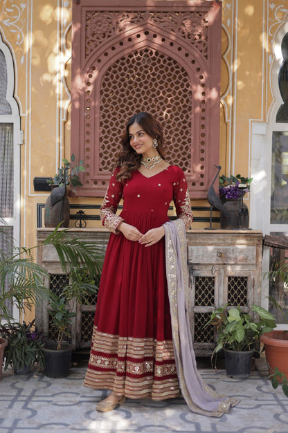 Maroon Designer Gown Set with Zari Sequin Embroidery & Faux Dupatta