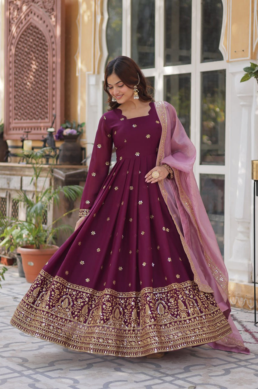Star Georgette Gown with Dupatta | Maroon | Embroidered Edition