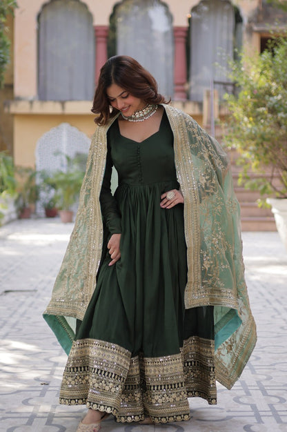 Rani Pink & Green Vichitra Gown with Dupatta – Festive Flair Edition