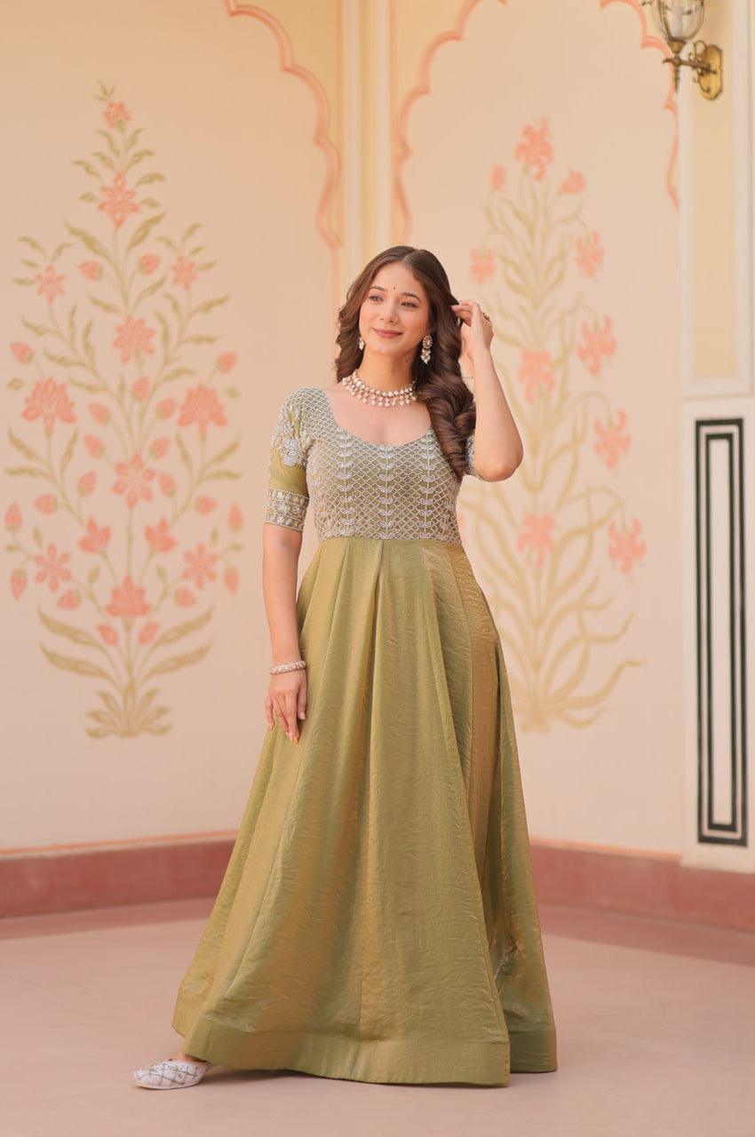 Blue & Green Beads Embroidered Fendy Gown