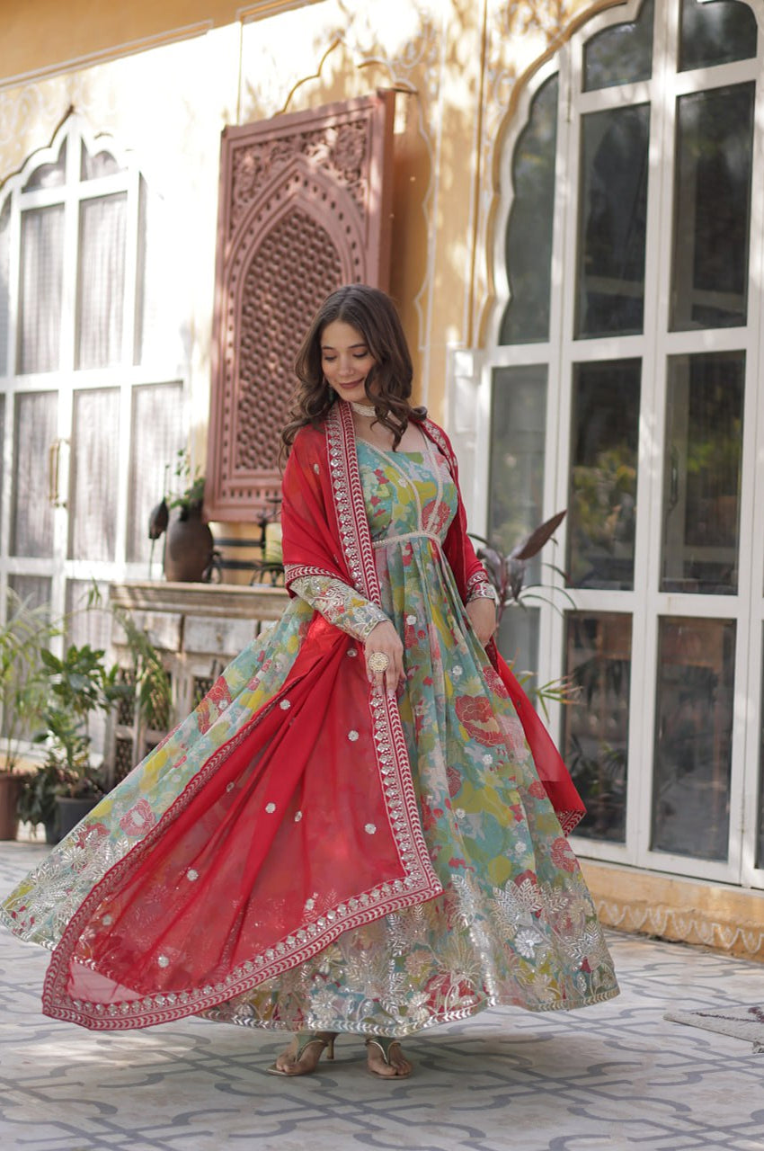 Elegant Alia Cut Russian Silk Gown with Dupatta (Orange & Green)