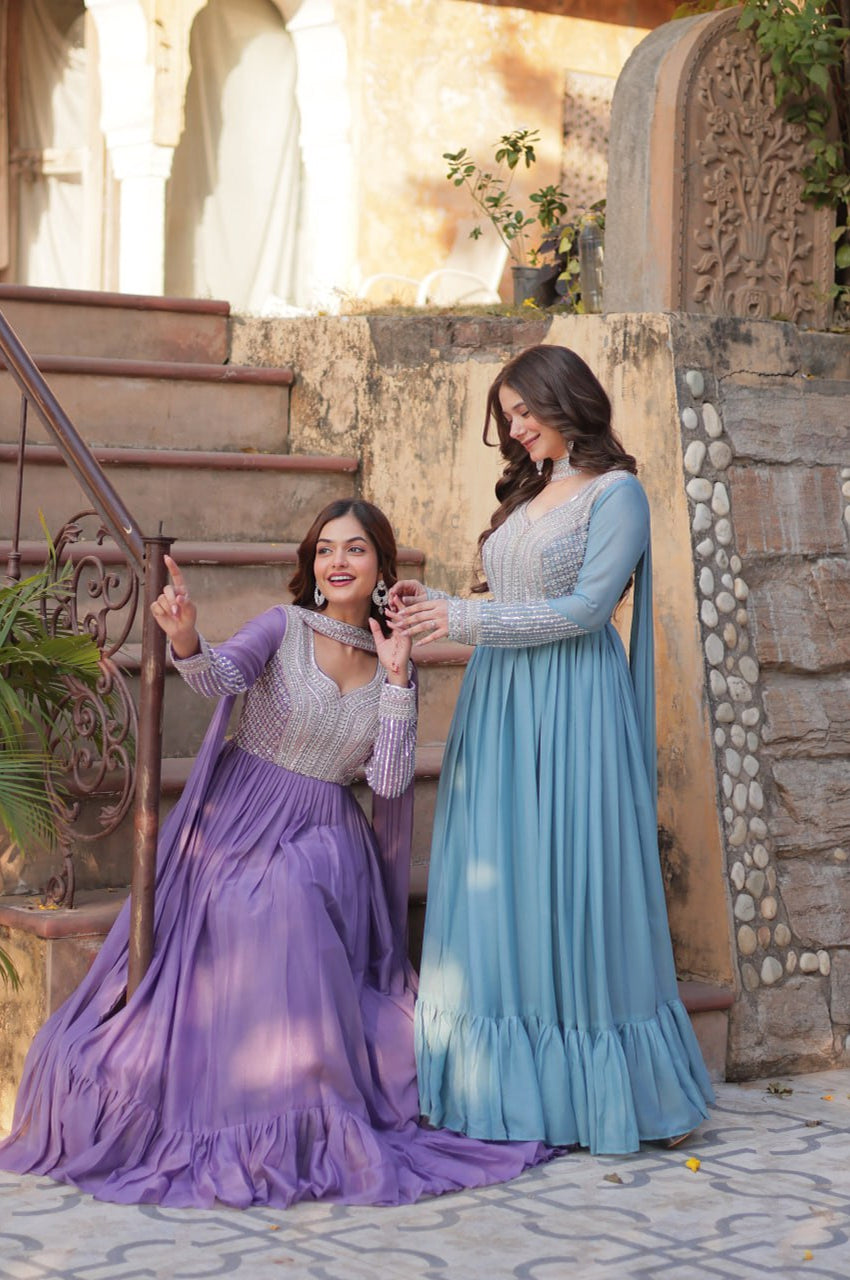 Elegant Star Georgette Gown with Beads + Dupatta | Sky Blue & Purple