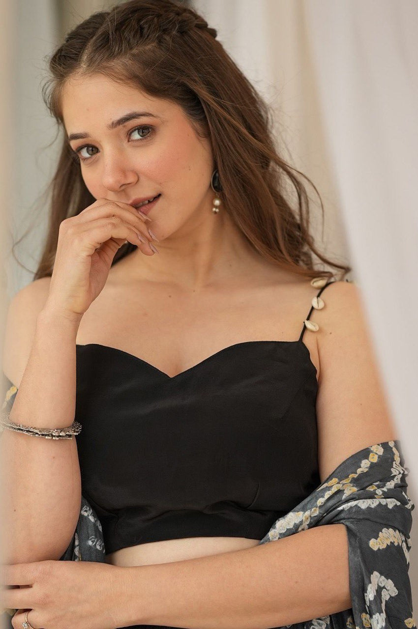 Black Indo-Western Drape Skirt Set with Embroidered Blouse & Shrug