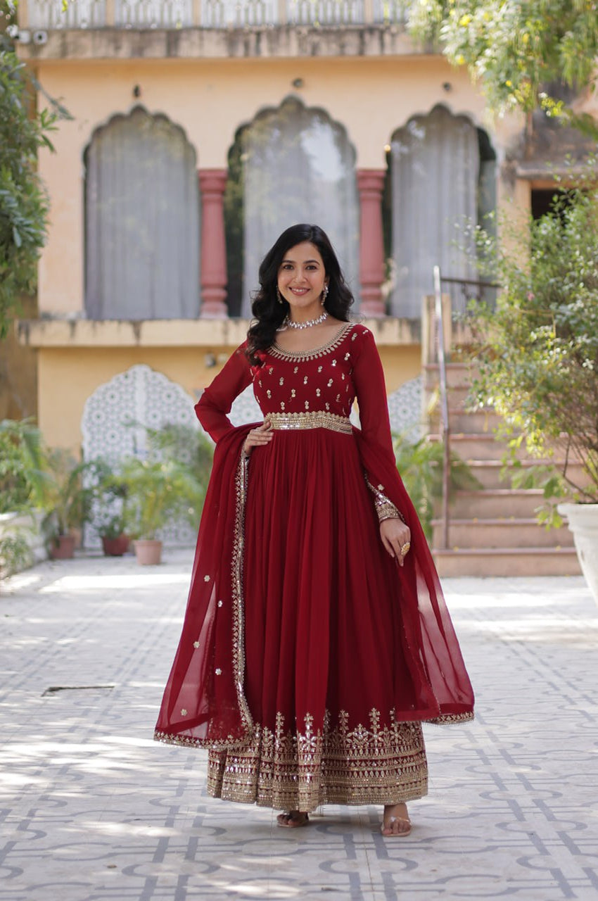 Maroon & Purple Faux Embroidered Gown with Dupatta – Regal Edition