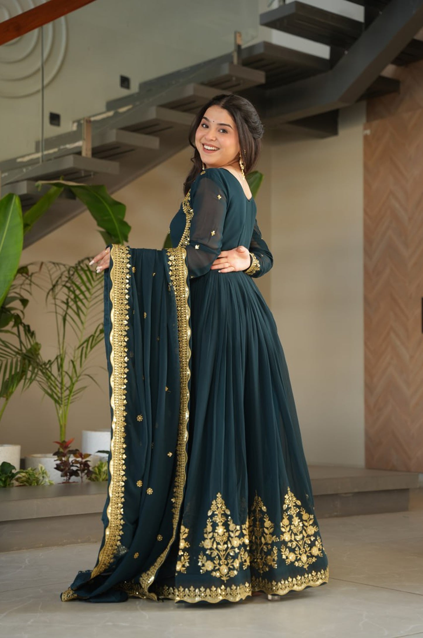 Green & Purple Premium Zari Embroidered Gown with Dupatta