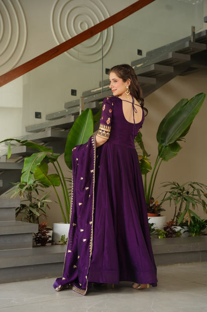 Premium Vichitra Silk Gown with Dupatta (Red & Purple Variants)