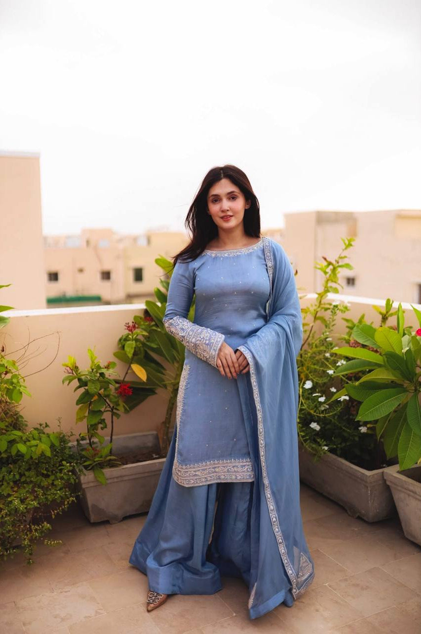 Faux Georgette Designer Sharara Suit with 5mm Sequins Embroidery – Fully Stitched Top, Sharara & Dupatta Set