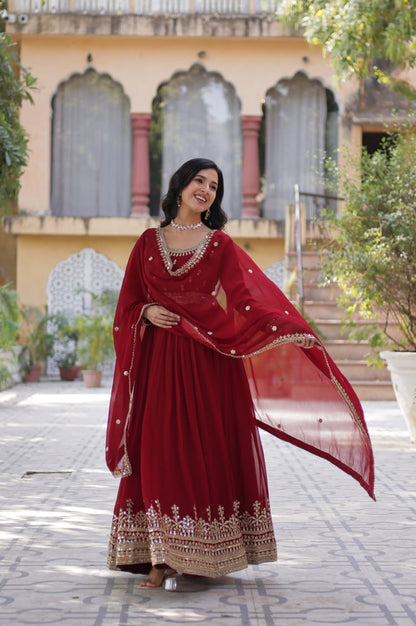 Maroon & Purple Faux Embroidered Gown with Dupatta – Regal Edition