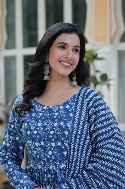 Pure Cotton Kurti with Pant & Dupatta Set | Blue & Pink | Ethnic Chic