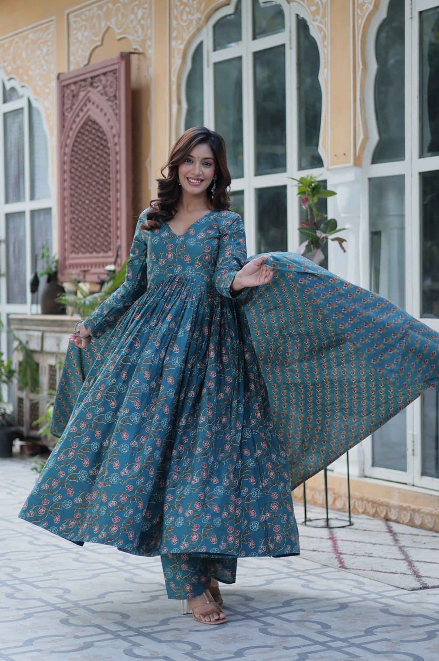 Blue & Red Premium Cotton Kurti with Pant and Dupatta Set