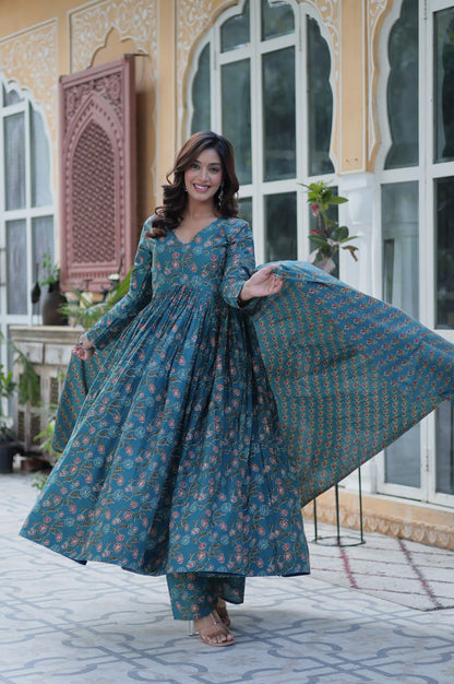 Blue & Red Premium Cotton Kurti with Pant and Dupatta Set